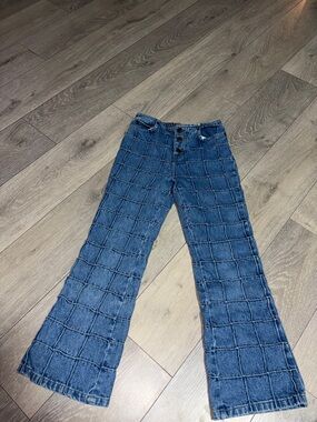Kids Blue Grid-Textured Flared Jeans